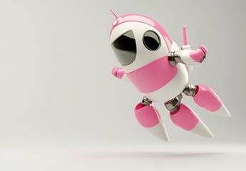 Poster - A whimsical pink robot resembling a rocket, playfully soaring through the air.