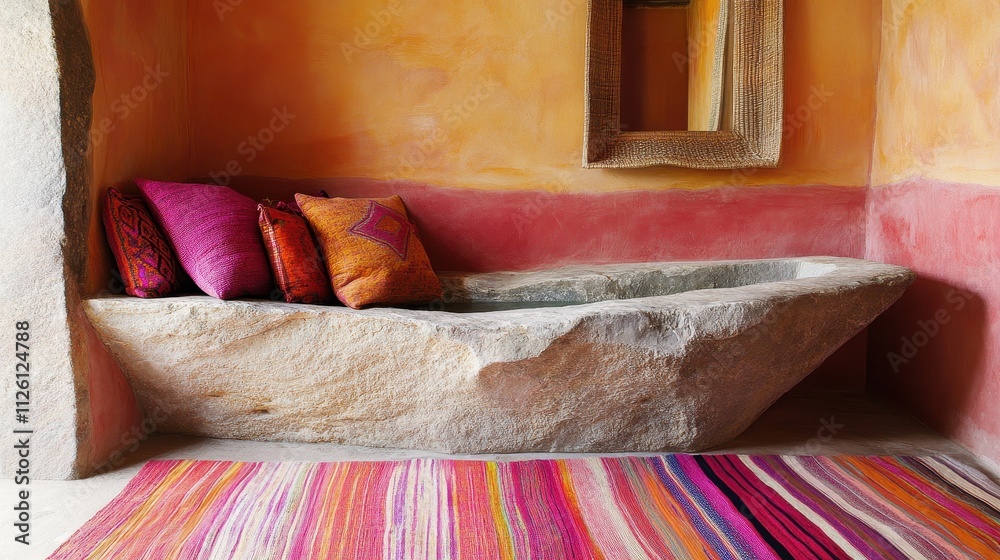 Cozy Moroccan-Inspired Nook with Vibrant Textiles and Natural Stone ...