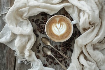 Poster - A cozy coffee scene with latte art, coffee beans, and vintage spoons on a textured background.