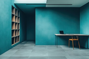 Poster - A minimalist workspace featuring a desk, chair, and shelving in a teal-colored room.