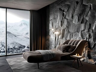 Poster - A modern bedroom with a mountain view, featuring a sleek bed and stone wall design.