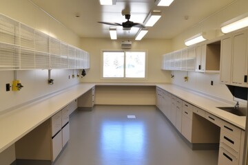 Poster - A clean, well-lit laboratory space with counters and storage for scientific work.