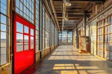 Poster - A spacious industrial corridor with large windows and a striking red door.