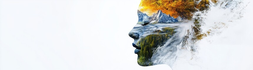 Wall Mural - a silhouette of a woman's profile blended with vibrant natural landscapes.