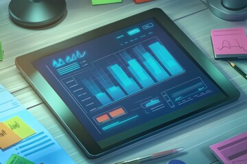 Aufkleber - A digital tablet displaying graphs and data analysis on a workspace.