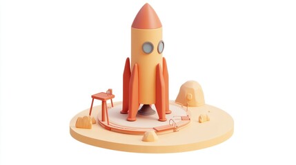 Poster - A stylized rocket on a launch pad surrounded by rocks, representing space exploration.