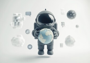 Poster - A stylized astronaut holding a globe amidst floating icons representing technology and communication.