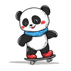 Wall Mural - A cute cartoon panda skateboarding, wearing a scarf and red shoes, conveying fun and playfulness.