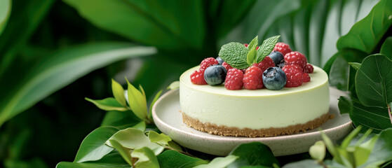 Wall Mural - Refreshing cheesecake topped with berries and mint leaves