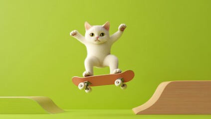 Poster - A playful cat skateboarding in a vibrant, minimalist setting.