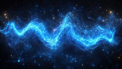 Wall Mural - abstract blue glowing particle waves on a black background. digital abstract futuristic design for t