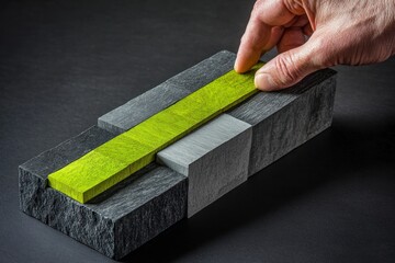 Aufkleber - A hand adjusts a vibrant green piece on a textured stone base, showcasing design and precision.