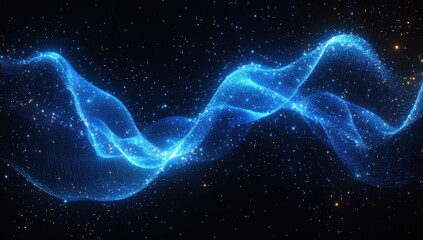 Wall Mural - abstract blue glowing particle waves on a black background. digital abstract futuristic design for t