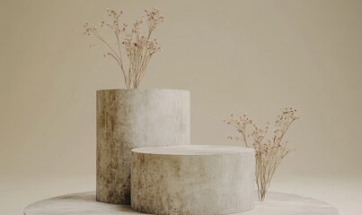 Poster - Minimalist display featuring cylindrical pedestals with dried flowers, emphasizing simplicity.