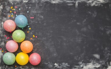 Poster - A colorful arrangement of decorative balls and confetti on a chalkboard background.