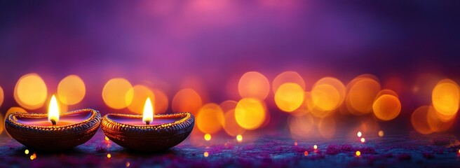 Aufkleber - Two glowing oil lamps on a textured surface, with a colorful bokeh background.