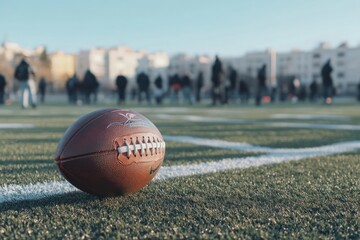 Poster - A close-up of a football on a field with blurred figures practicing in the background.