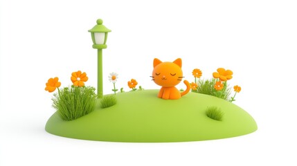 Poster - A cute orange cat sitting on a grassy hill with flowers and a lantern.