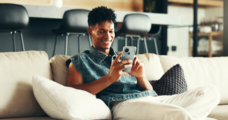 Poster - House, relax and man on sofa, smartphone and typing with social media, connection and network. Apartment, person and guy on couch, cellphone and message to contact, digital app and texting in lounge