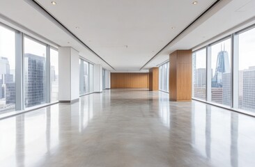Poster - Spacious, modern office interior with large windows and polished concrete flooring.