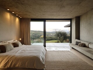 Poster - A modern bedroom with a view of nature, featuring minimalistic design and natural light.