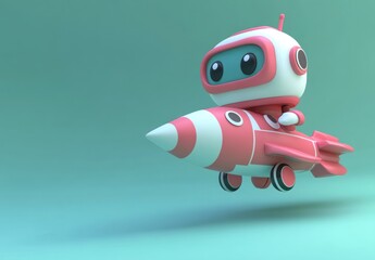 Poster - A cute robot character riding a colorful rocket in a playful, minimalist environment.