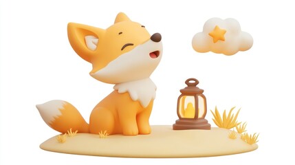 Poster - A cheerful fox figurine beside a lantern and a cloud with a star, evoking a whimsical atmosphere.