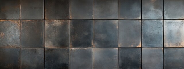 Poster - A textured wall featuring dark tiles with a metallic finish, suitable for modern interiors.