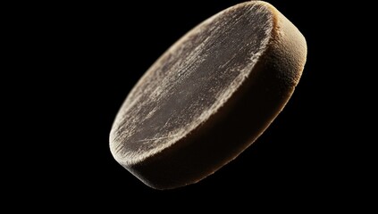 Poster - A close-up of a dark, round object, possibly a puck or a similar item, against a black background.