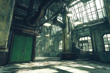Poster - A dilapidated industrial space with sunlight streaming through broken windows.
