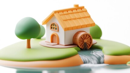 Poster - A whimsical miniature house with a waterwheel on a small island surrounded by water.