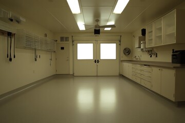 Poster - A spacious, well-lit garage with storage and workspaces for various activities.