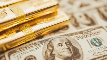 Wall Mural - Golden Bars of Wealth: A close-up shot of gleaming gold bars resting atop a bed of crisp US dollar bills, symbolizing the tangible manifestation of financial success.  