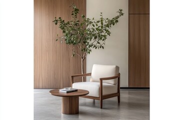 Poster - A modern seating area featuring a chair, table, and indoor plant against a wooden backdrop.