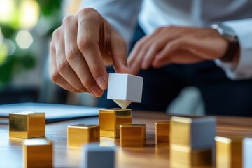 Aufkleber - A person stacking geometric blocks, emphasizing focus and strategy in a business context.