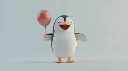 Poster - A cheerful cartoon penguin holding a red balloon, exuding joy and playfulness.