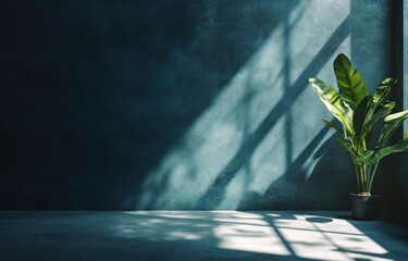 Poster - A serene indoor space with a dark wall, sunlight casting shadows, and a potted plant.