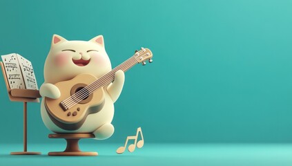 Poster - A cheerful cartoon cat playing guitar, surrounded by musical notes and a sheet music stand.