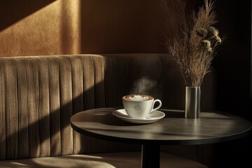 Poster - A cozy coffee scene featuring a steaming cup on a table beside a decorative plant.
