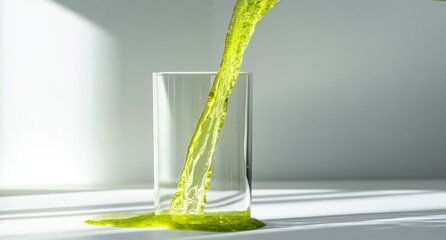 Poster - A vibrant green liquid is being poured into a clear glass, creating a dynamic visual effect.