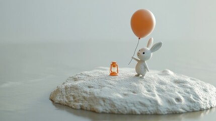 Poster - A cute rabbit holding an orange balloon stands on a textured white surface beside a lantern.