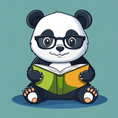 Poster - A cute panda wearing glasses, sitting and reading a book.