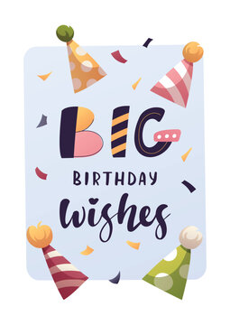 Birthday greeting card with party hats. Handwritten lettering. Vector illustration for card, postcard, poster.