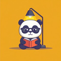 Aufkleber - A cute panda wearing glasses reads a book under a lamp on a bright yellow background.
