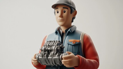 Poster - 3D character holding a mechanical engine component, representing a mechanic or engineer.