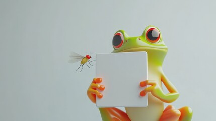 Poster - A colorful frog holding a blank sign with a fly nearby, showcasing playful design.