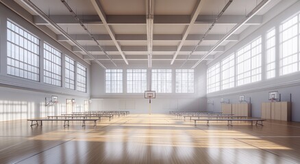 Aufkleber - A spacious gymnasium with natural light, basketball hoops, and seating areas.