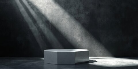 Poster - A minimalist display platform illuminated by beams of light in a dark, textured space.