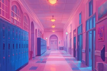 Aufkleber - A colorful school hallway with blue lockers and soft lighting creating an inviting atmosphere.