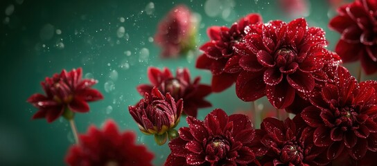 Poster - A close-up of vibrant red flowers adorned with droplets against a soft green background.